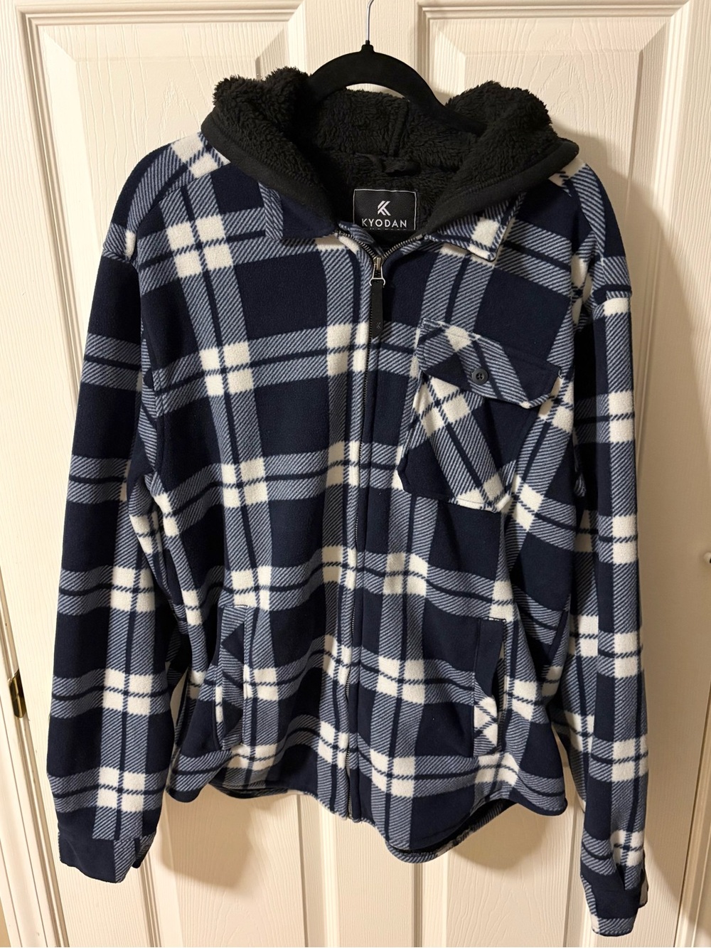 Kyodan Sherpa-Lined Outdoors Camping Hiking Plaid Shacket Hoodie Mens Large Blue